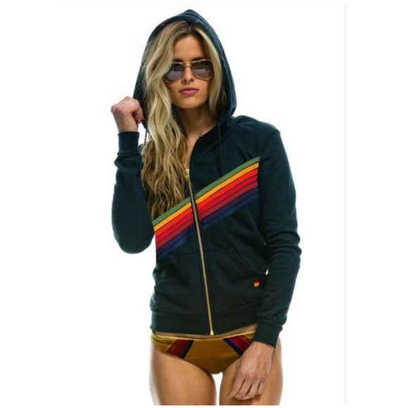 Aviator Nation Tops - AVIATOR NATION Disco Rainbow Stripe Classic Zip Sweatshirt L Charcoal